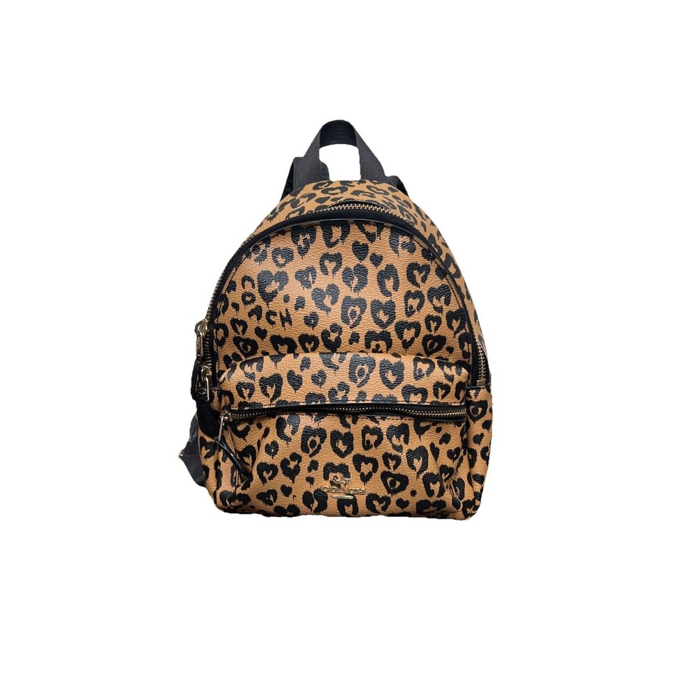 Coach Tan Black Leopard Wild Heart Print Gold Accents Mini Charlie Backpack